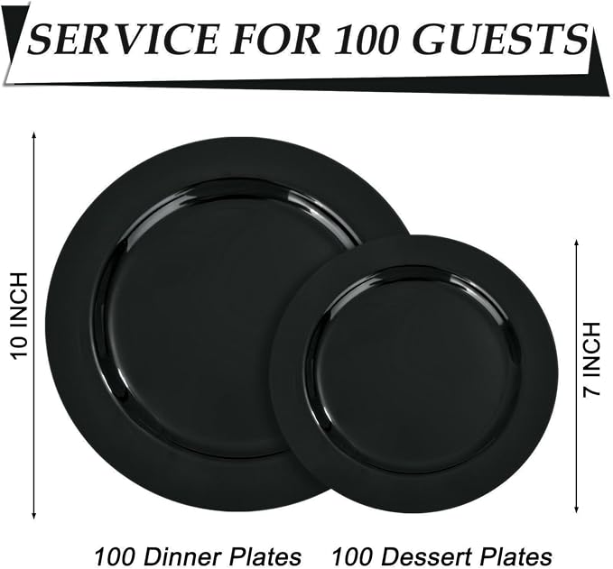 FLOWERCAT 200PCS Black Plastic Disposable Plates for Party - Black Plastic Plates - Serve for 100 Guests for New Year Parties and Birthday Events