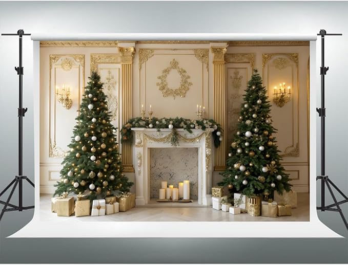 YongFoto Christmas Fireplace Backdrop 10x7ft Room Christmas Trees Classic Retro Wall Photography Background New Year Xmas Eve Family Winter Holiday Party Banner Photoshoot Wallpaper Photo Booth
