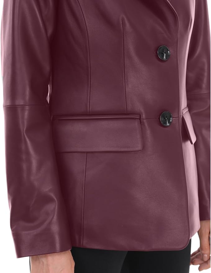SILVER FASHIONS Lambskin Leather Jacket Women,Long Sleeve Button Front Leather Blazer,Notched Lapel Casual Style,Vent Detail