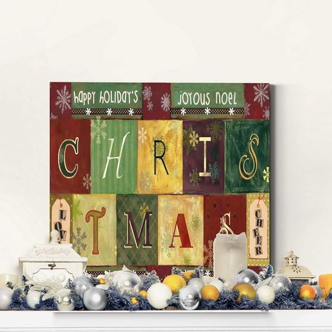 Renditions Gallery Christmas Word Art Wall Art, Cute Winter Decor, Colorful Wrapping Paper Like Designs, Snowflakes, Premium Gallery Wrapped Canvas, Ready to Hang, 24 in H x 24 in W, Made in America