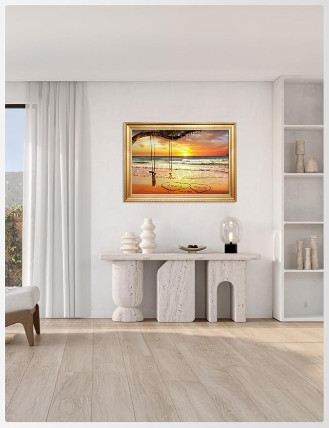 IPIC - "Eternal Love Personalized Canvas Wall Art, Custom Beach Sunset Scene with Solid Wood Frame, A Personalized Gift with Name and Date for Couple, Wedding, or Anniversary