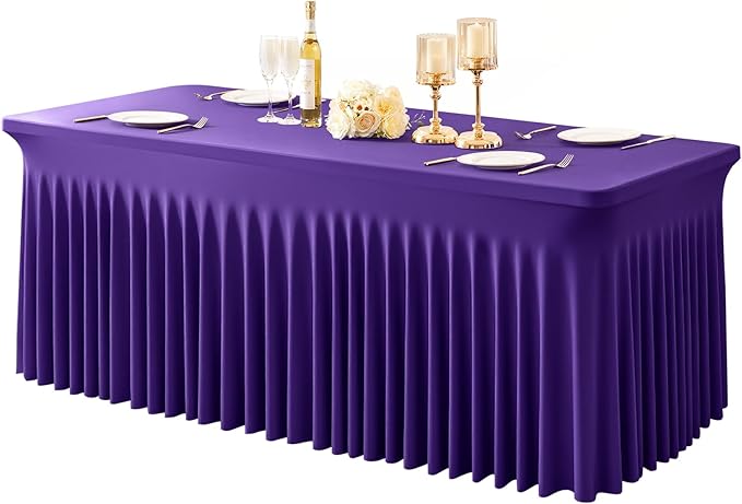 1 Pack Purple Table Clothes for 8 Foot Rectangle Tables, One-Piece Wrinkle Resistant Stretch Spandex Table Covers with Skirt for Event Banquet Wedding Birthday Party