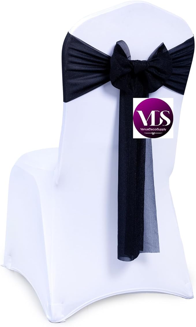 VDS Pack of 125, Black, Sheer Chiffon Chair Sashes Bows Chair Cover Back Tie Ribbon for Wedding Birthday Baby Shower Engagement Ceremony Event Party Banquet Restaurant Dining Chair Decoration