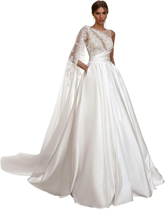 Zeeyecie Ruffle Satin Wedding Dresses 2025 A-Line Crew Neck Lace Applique Sequins Beads Sparkly Bridal Gown with Pockets