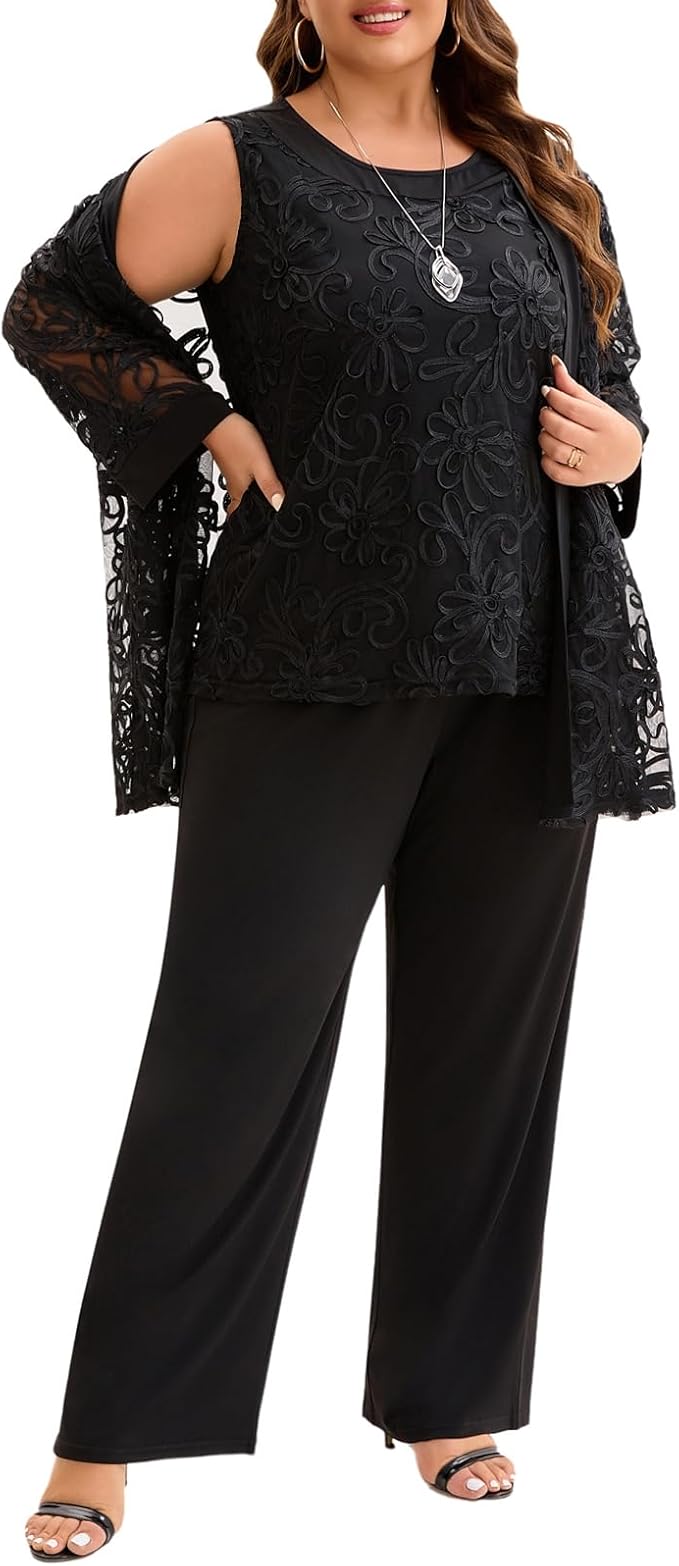 Plus Size 3 Piece Floral Embroidered Pantsuit Set Women Mother of Bride Wedding Guest Formal Evening Cocktail Party Attire