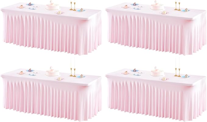 4 Packs Pink Table Clothes for 8 Foot Rectangle Tables, One-Piece Wrinkle Resistant Stretch Spandex Table Covers with Skirt for Event Banquet Wedding Birthday Party