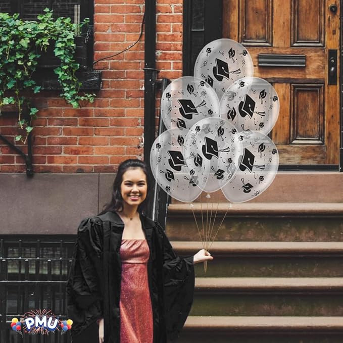 PMU 100 Pcs Clear Graduation Balloons Class of 2025 with All-Over Print White Grad Caps-Confetti and Streamers | Graduation Party Supplies | Congratulations Grad Latex Balloons Latex