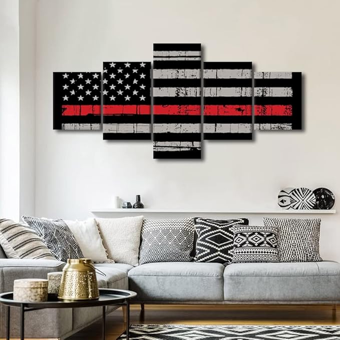 5 Panels American Flag Wall Art Pictures for Home Decor Black White and Red US Flag Painting on Canvas Poster Print Artwork Modern Framed Living Room Decorative Framed Ready to Hang 50" Wx24 H