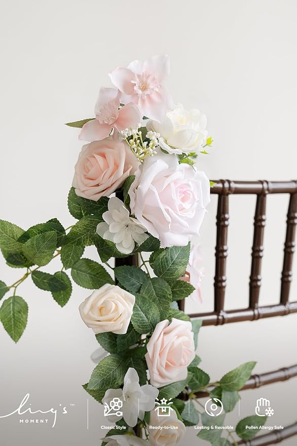 Ling's Moment 10pcs Wedding Chair Decorations Aisle Floral Swag Artificial Pew Flowers Hanging Garland Blush Pink & Cream For Ceremony Reception Church Rose Floral Faux Arrangement Party Outdoor Decor