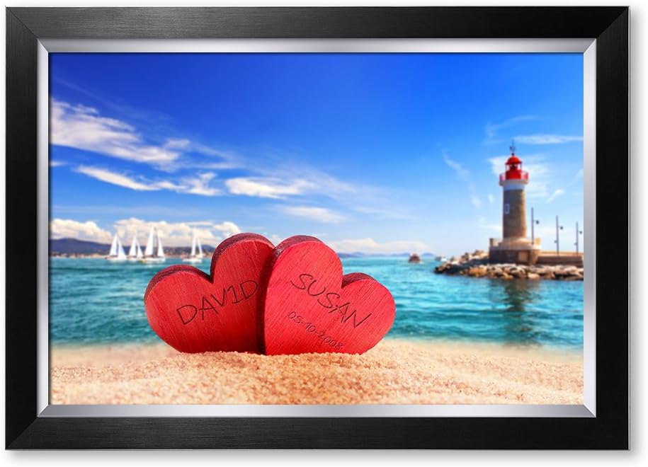 IPIC - Beach Lovers, Personalized Artwork with Names and Date on, Customized Gift for Anniversary,Wedding,Birthday and Holidays. Picture size: 24x16, Framed Size: 27x19