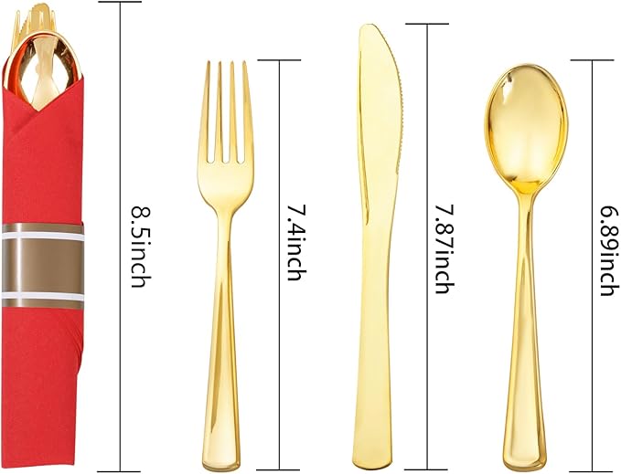 Nervure 400PCS Pre Rolled Gold Plastic Silverware Sets - Heavy Duty Gold Cutlery - Include 100 Pack Wrapped Disposable Utensils with Red Napkins for Christmas & Party & Wedding