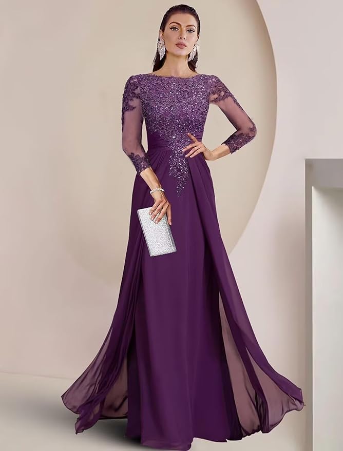 Long Sleeve Mother of The Bride Dresses for Wedding Lace Appliques Chiffon Formal Dress He6052