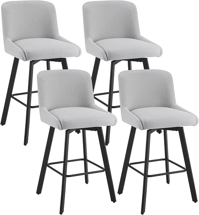 Swivel Bar Stools Set of 4, 29''H Upholstered Barstools with Backs, Modern Counter Height Bar Stool Chairs for Kitchen Island, Metal Legs, Fabric, Light Gray Counter Stools