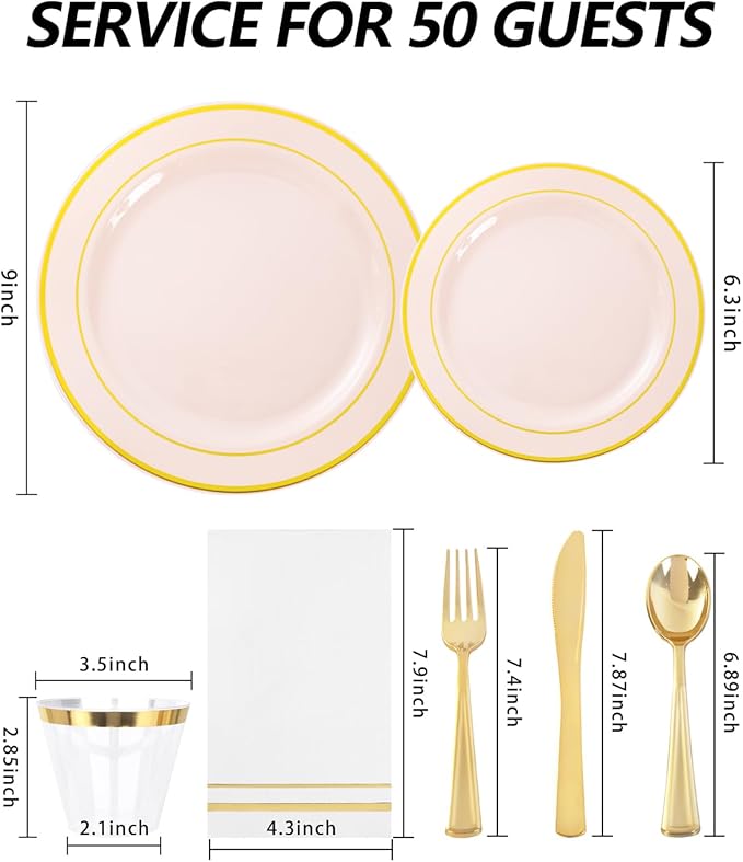 GATHER 350PCS Pink Plastic Plates - Disposable Plastic Dinnerware Set Include 100 Pink Plates, 150 Silverware, 50 Napkins, 50 Cups for Party & Wedding & Valentine's Day