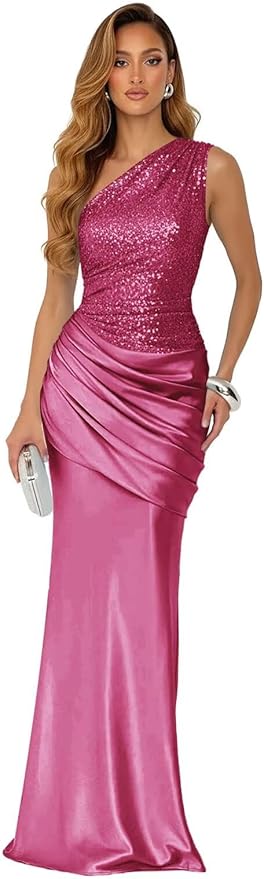 Sparkly Sequins Mermaid Prom Dress 2026 for Women Long Satin One Shoulder Asymmetrical Pleated Formal Evening Gown