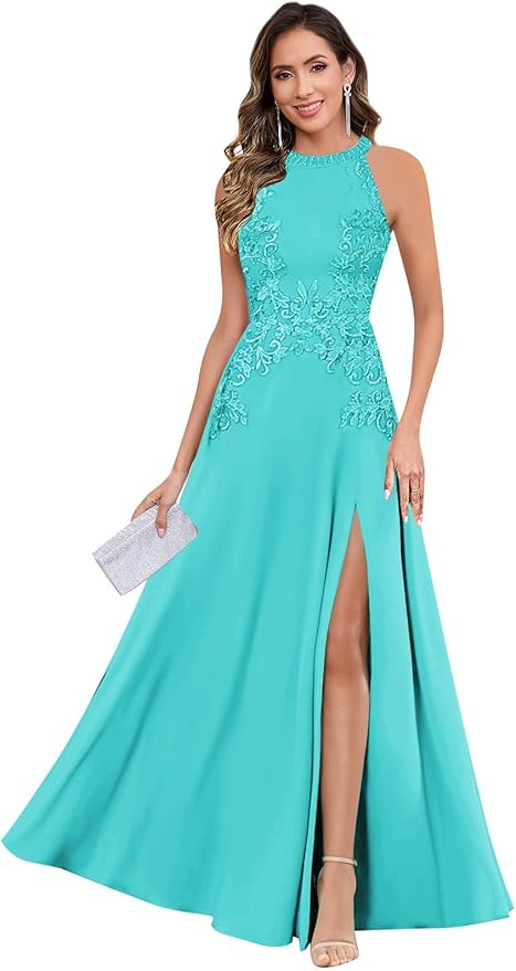 GUKARLEED Halter Lace Appliques Mother of The Bride Dresses for Women Long A-line Formal Wedding Guest Dress with Slit