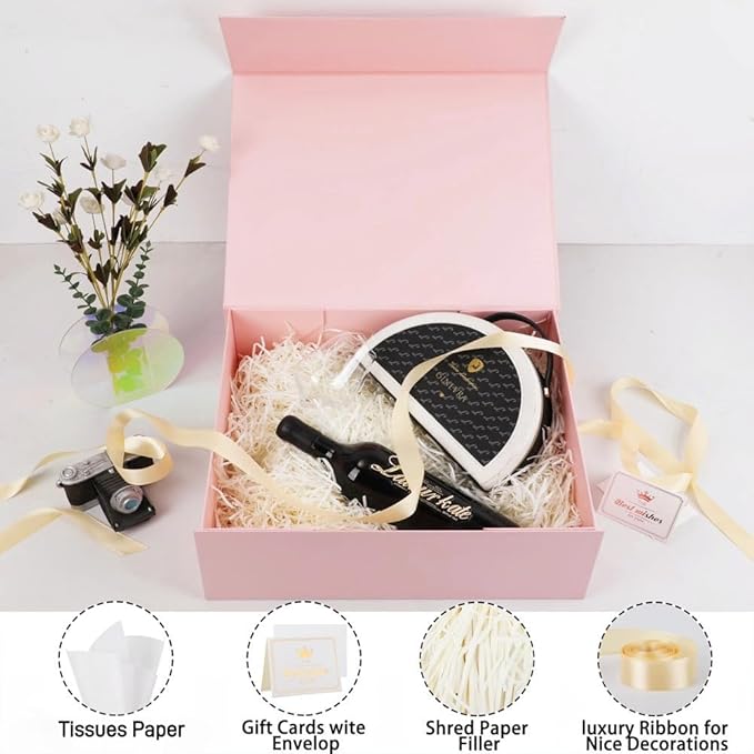 UoeRing 2 Pack Extra Large Pink Gift Box 17x14.5x6 inch Luxury Gift Box for Presents with Magnetic Closure Lid Collapsible,Birthday,Christmas,Contains Card, Ribbon,Tissue Paper,Shredded Paper Filler