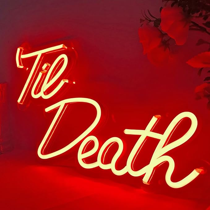 JXIN Til Death Neon Sign for Wall Decor, Til Death LED Neon Light Signs for Wedding Engagement Birthday Anniversary Proposal Party Bedroom Office, Wedding Gifts for Loved Ones, 16"x9" Red