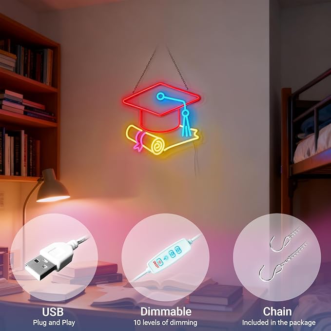 Congrats Grad Neon Sign with Cap & Diploma - 3-Color Red Yellow Ice Blue Graduation Decorations 2026, 10-Level Dimmable LED Wall Light, USB Powered Gift for Graduate, 14.5"x12.6"
