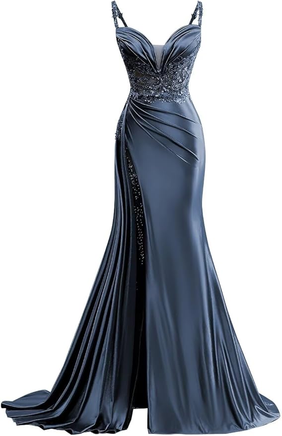 V Neck Satin Prom Dresses Long Mermaid Lace Evening Gown with Slit Pleated Bodycon Formal Dress with Tail