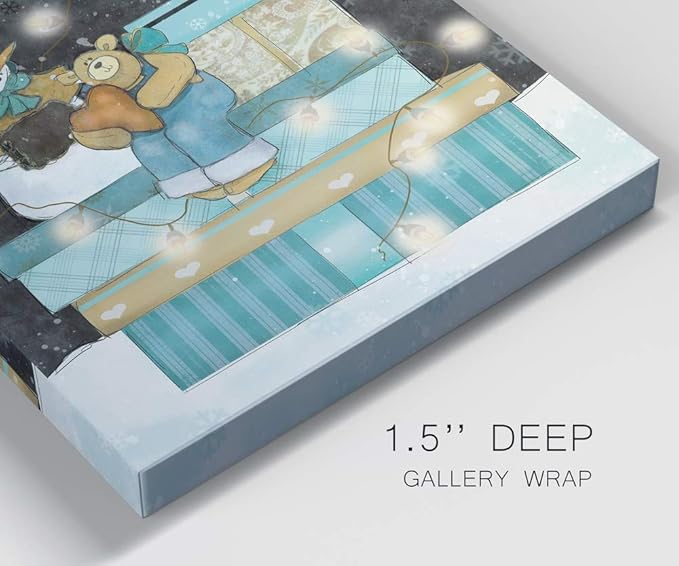 Renditions Gallery Snowman and Teddy Bear Wall (2) Art, Christmas & Winter Decor, Cute Pile of Presents, Premium Gallery Wrapped Canvas, Ready to Hang, 40 in H x 40 in W, Made in America