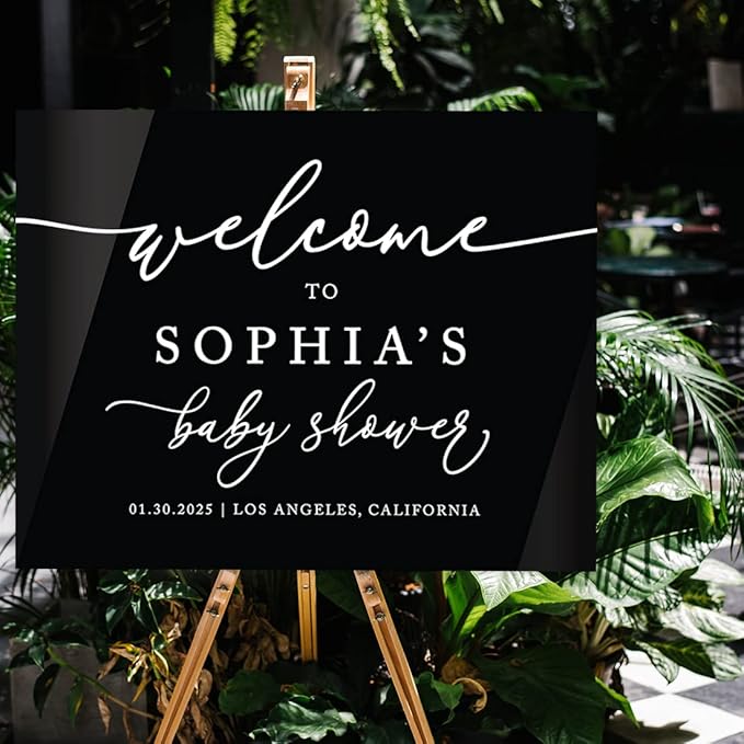 Andaz Press 16"x20" Black Acrylic Personalized Baby Shower Welcome Sign, Gender Neutral Large Custom Sign for Easel Stand, Classic Baby Shower Decorations