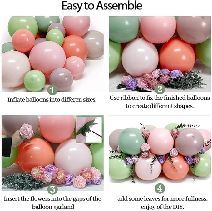 Dusty Green Pink Balloon Arch With Artificial Flower Leaves Double Stuffed Pastel Pink Green Mauve Peach Blush Balloon Garland Kit for Flower Baby Shower Wedding Birthday Floral Easter Tea Party Decor