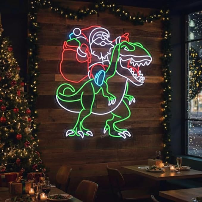 Santa Riding Dinosaur Neon Sign, Santa Claus Led Sign, Xmas Led Light for Christmas Decor, Santa Claus Light Up Wall Art Size:24 inches