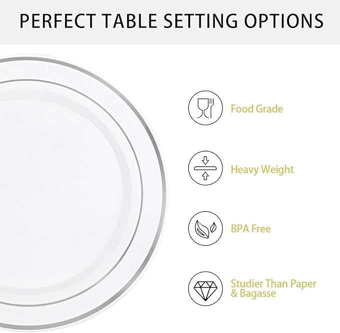 Supernal 102pcs White and Silver Plastic Plates Disaposable Party Plates White Silver Rim Heavy Duty Fancy Silver Plastic Dinnerware Set included 51 Dinner & Dessert Plates for Valentine's Day