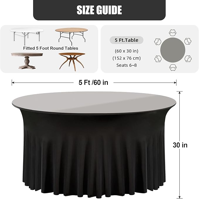 2 Pack Black Round Spandex Tablecloth 60 Inch, Wrinkle Free Stretch 120 Inch Fitted 5ft Black Table Cloths Round Table Covers with Ruffle Skirt for Graduation Wedding Party Banquet