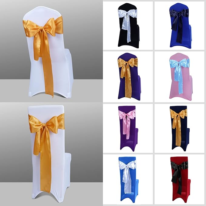 Babenest Satin Chair Sashes Ties Upgraded 50 pcs Chair Ribbons Bows for Wedding Banquet Party Christmas Baby Shower Events Decoration (Gold)