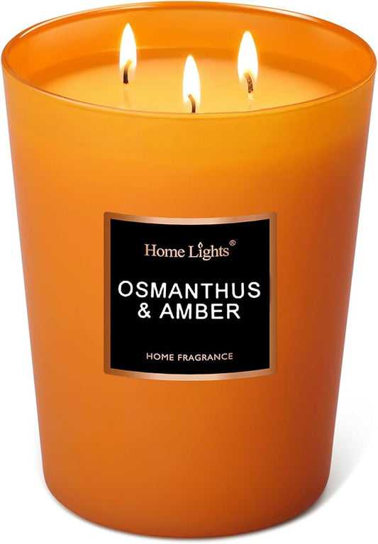 HomeLights Large Jar Candle-33.3 Oz. Natural Soy Aromatherapy Candle | Osmanthus Amber Scent | Up to 130 Hours Burn Time with 3 Cotton Wicks | Home Decorative Fragrance Candle Gift