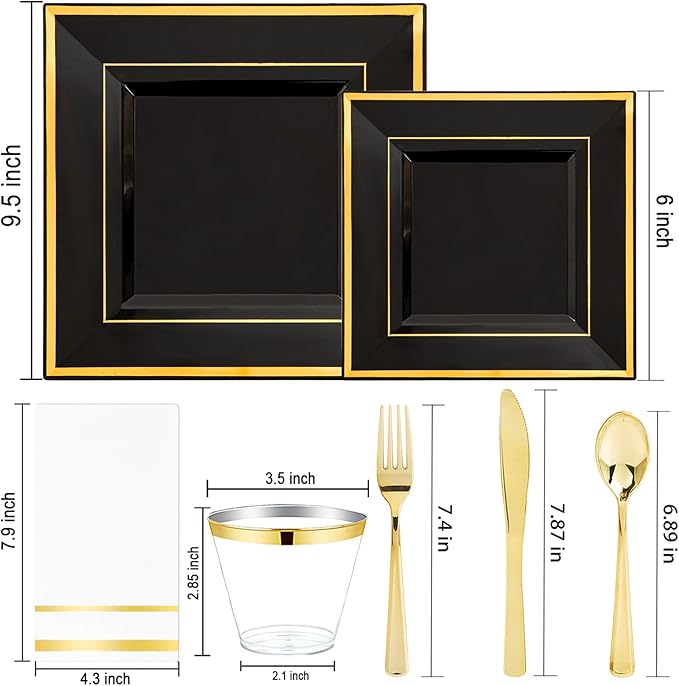 Festiva 350Pcs Black and Gold Plastic Plates-50Guests Disposable Square Black Dinnerware Set include 100 Plastic Plates,50Cups,150Plastic Cutlery,50Napkins for Party &Wedding&New Year
