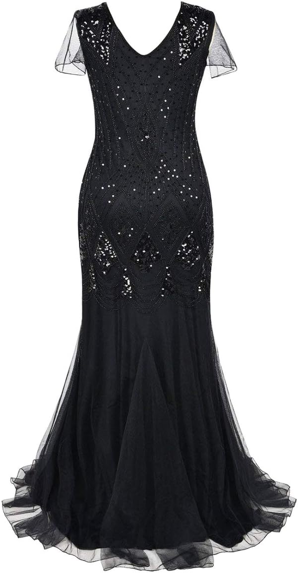 Women Vintage 1920s Gatsby Flapper Evening Party Dress V Neck Art Deco Sequins Mermaid Hem Cocktail Formal Long Maxi Gown