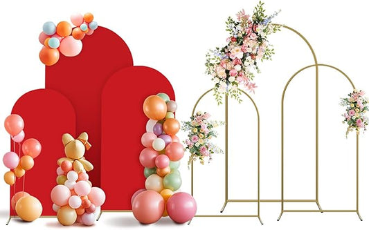 Arch Backdrop Stand and Cover Set, 3 Metal Balloon Arch Backdrop 4ft 5ft 6ft, Gold Arched Stand Frame for Wedding, Parties,Birthday, Backdrop Decorations (Red,4ft+5ft+6ft)