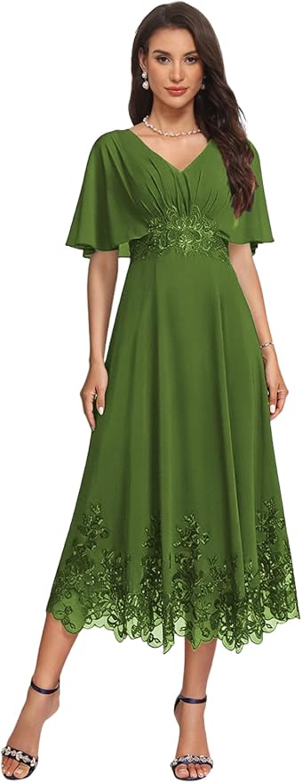 Tea Length Mother of The Bride Dress with Sleeves Laces Formal Evening Gowns for Wedding V Neck Wedding Guest Gown ZMX37