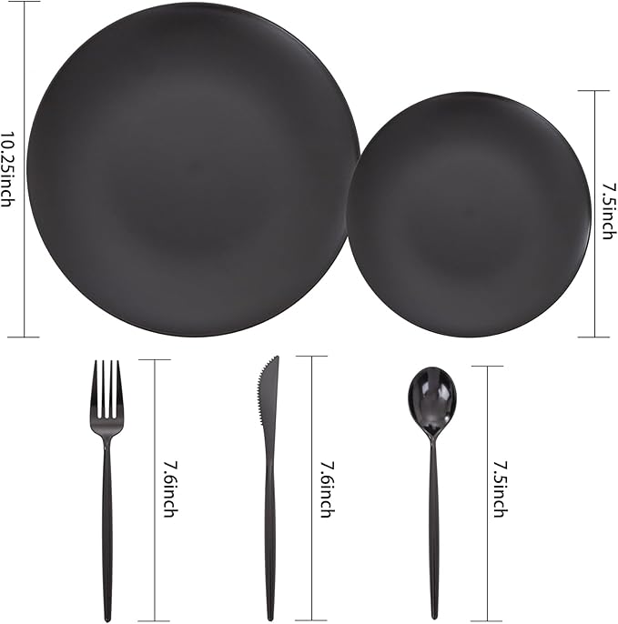 EI 150pcs Black Plastic Plates Frosted Plastic Plate,Premium Heavy Duty Black Plastic Plates,Black Disposable Plates with Plastic Silverware,10.25" Dinner Plates and 7.5" Dessert Plate Wedding Party