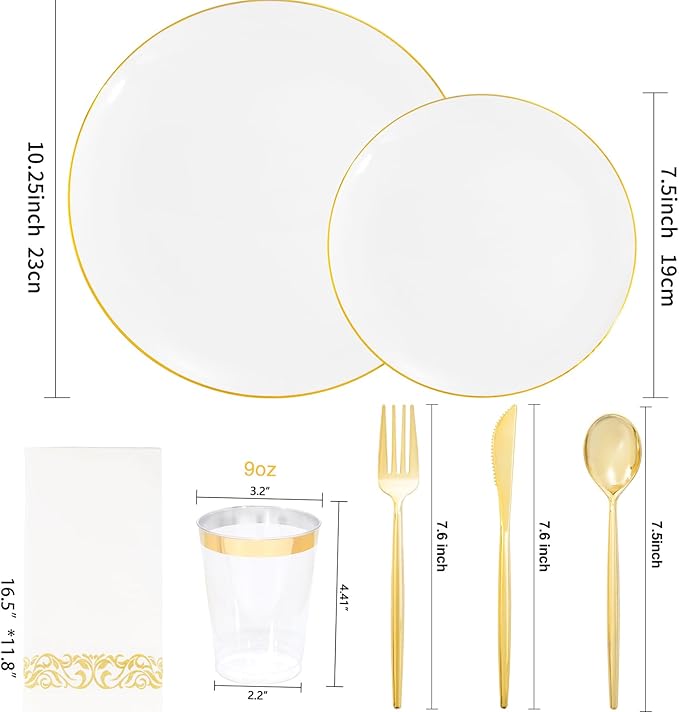 MirthMood 350Pcs White and Gold Dinnerware Set,Plastic plates Includes:50 Dinner Plates, 50 Dessert Plates, 150 Gold Plastic Cutlery,50 Paper Towels & 50 Cups for Party&Wedding