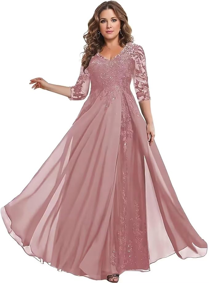Long Sleeve Mother of The Bride Dress for Wedding Chiffon Lace Applique Formal Gowns BOF163