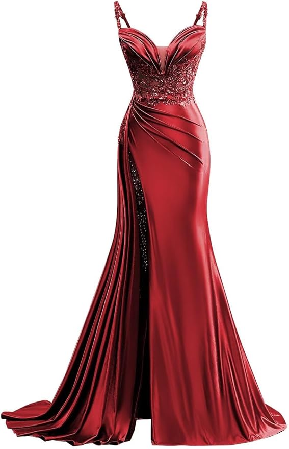 V Neck Satin Prom Dresses Long Mermaid Lace Evening Gown with Slit Pleated Bodycon Formal Dress with Tail