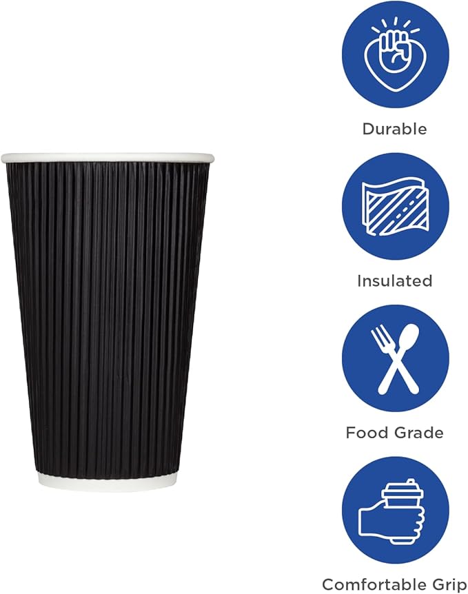 Karat 12 oz Ripple Insulated Coffee Cup [500 Count] Black Disposable Paper Hot Cup, Sturdy & Leak Proof, 90mm, No Lids