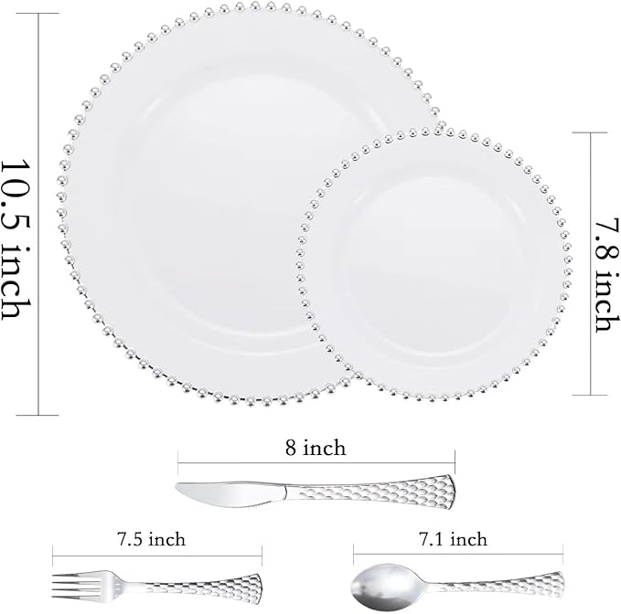 HOMIP 75Pcs Fancy Disposable Dinnerware Party Set, 15 Dinner Plates 15 Dessert Plates with Silver Bead Rimed, 15 Silver Spoons, 15 Knives, 15 Forks, Plastic Silverware for Wedding Birthday Party