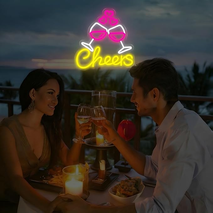 Cheers To Love Neon Sign for Wall Decor, Celebratory Champagne Glasses LED Neon Light for Wedding, Engagement Party, Anniversary & Valentine’s Day Decorations, Neon Wall Art for Bar & Date Night Decor 13.4"x13"