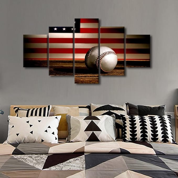 Wall Art Vintage USA American Flag Baseball Military Canvas Painting Modern Home Decor 5 Panel Wall Art American Flag Picture Print Canvas Painting Decor for Living Room Framed Ready to Hang-60"Wx32"H