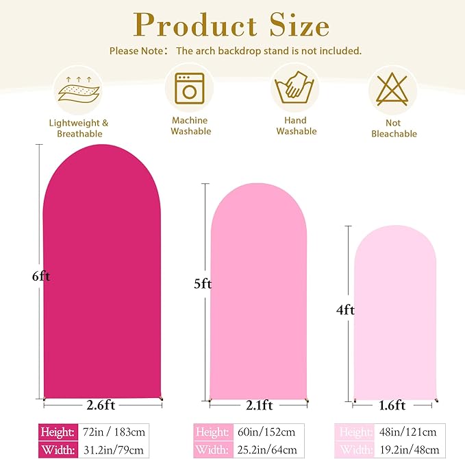 Pink Arch Backdrop Cover 3 Set-4FT, 5FT, 6FT Spandex Fitted Wedding Arch Stand Covers for Baby Shower Girls Birthday Party Wedding Ceremony Banquet Photo Arch Stand Background Decorations