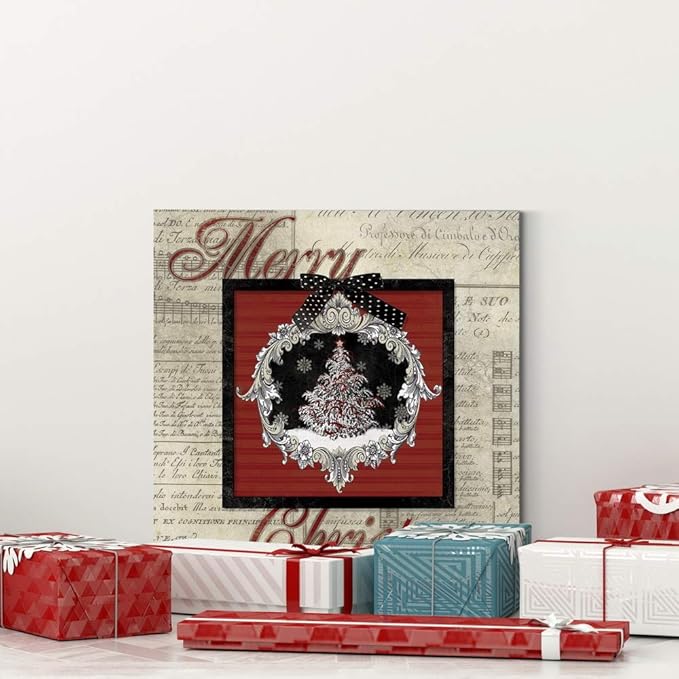 Renditions Gallery Merry Christmas Tree Wall Art, Cute Winter Decor, Antique Sheet Music Paper Design, Snowflakes, Premium Gallery Wrapped Canvas, Ready to Hang, 16 in H x 16 in W, Made in America