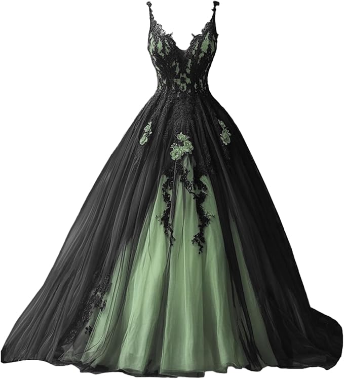 TRHTX Spaghetti Straps Wedding Dresses for Bride Layered Tulle Gothic Black Bridal Gowns Lace Applique Wedding Gowns