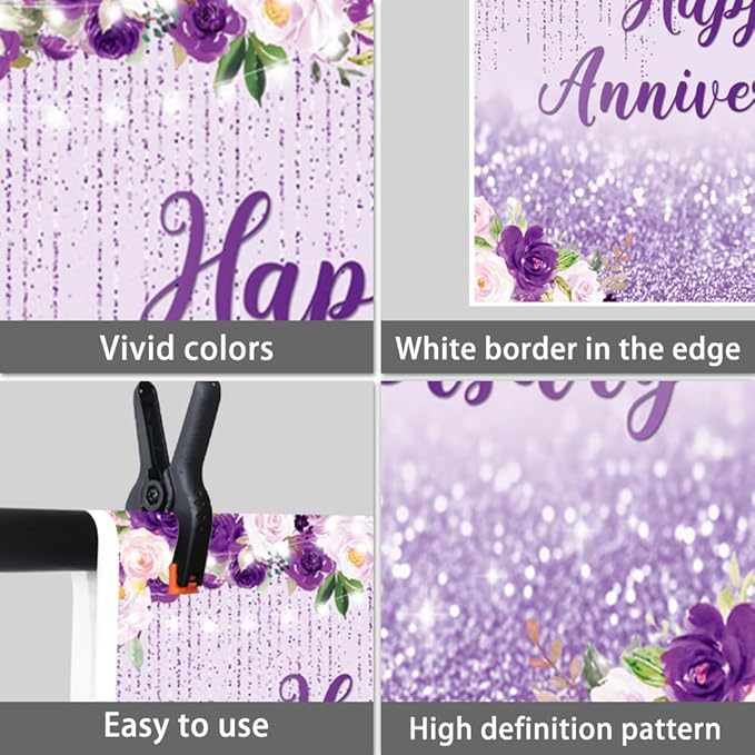 8x8ft Happy Anniversary Backdrop, Floral Glitter Backdrop for Women Wedding Anniversary Decoration Violet and Pink Flowers Photography Background Cake Table Banner Party Decor