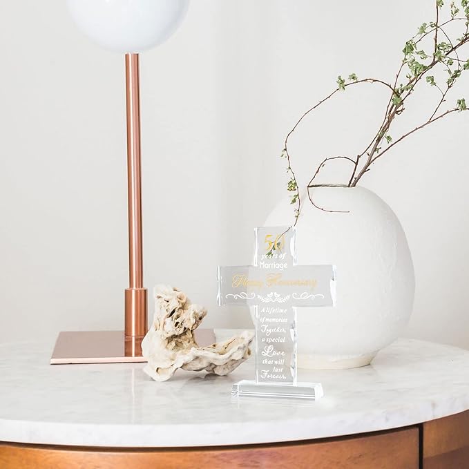 YWHL 50th Wedding Anniversary Religious Cross Gifts for Women Men, 50 Year Anniversary Romantic Gift for Him Her, Laser Engraved Glass Standing Cross Keepsake for Couple, 50 Years of Marriage Present