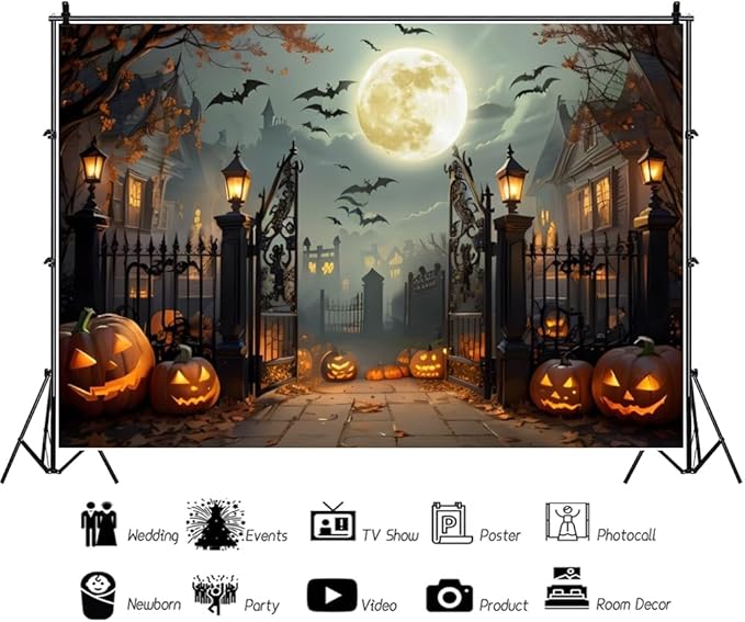 Leowefowa 12x8ft Halloween Backdrop Scary Full Moon Night Pumpkin Lantern Background Horror Bat Dead Tree Fall Leave Halloween Eve Party Banner Decor Photography Supplies Prop